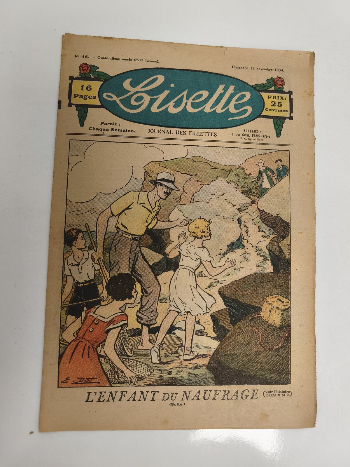 Ancien journal Lisette 1934 illustré, L’enfant du naufrage, vintage presse fille
