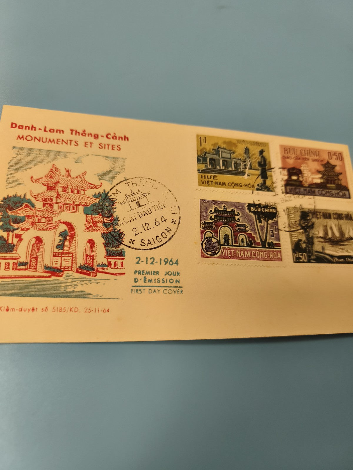 Ancienne enveloppe FDC Vietnam 1964 Monuments timbres d'origine collection