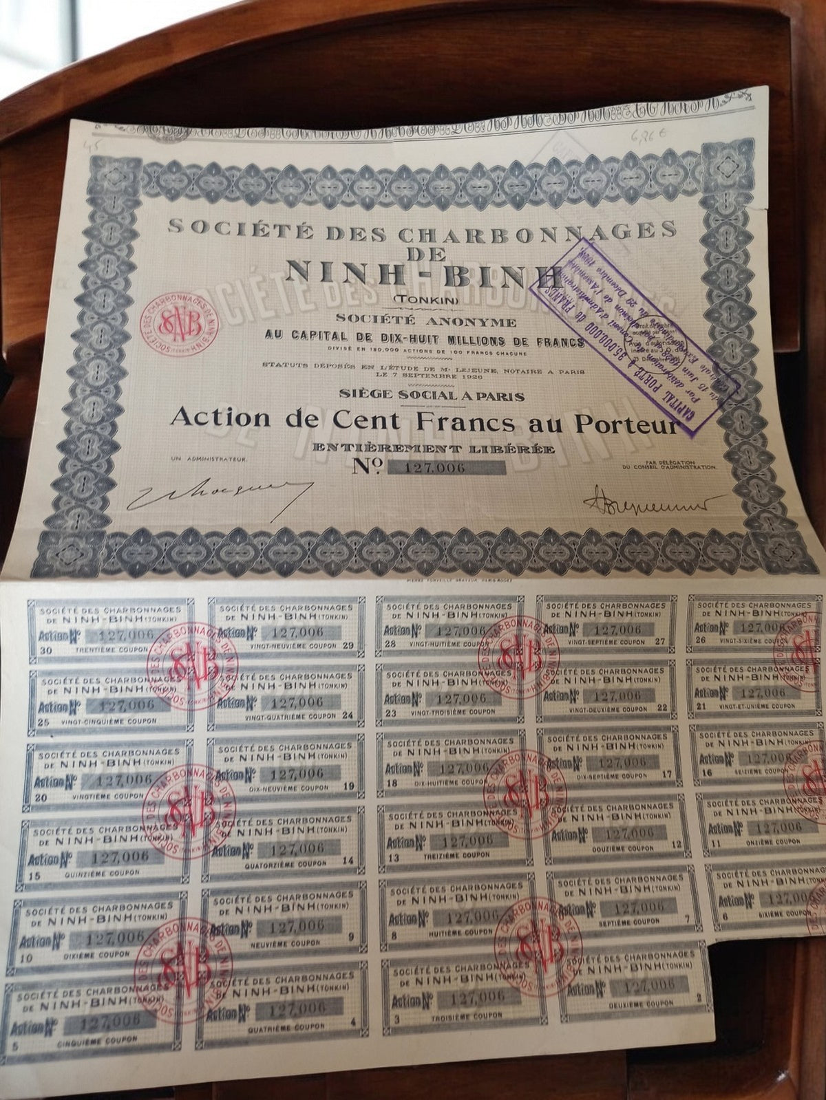 Action au porteur Ninh Binh Tonkin 1920s ancien titre boursier vintage décor