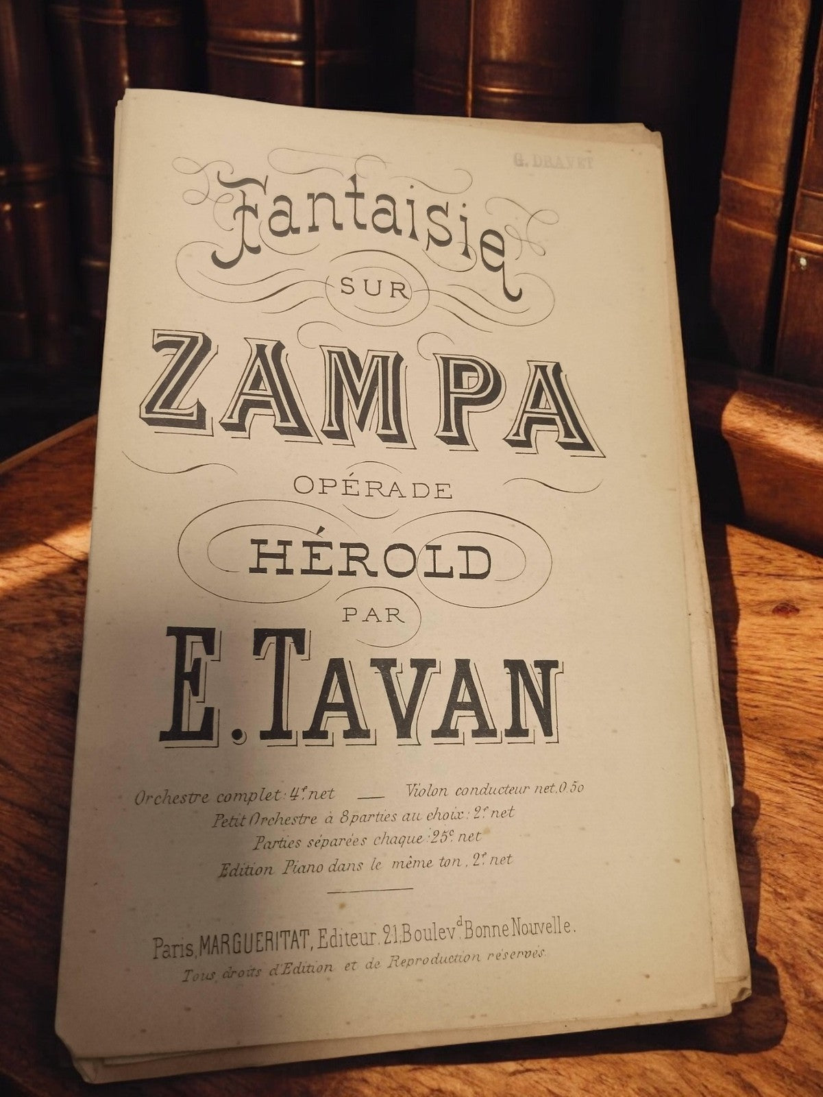 Partition ancienne Fantaisie sur Zampa opéra Hérold E. Tavan Paris Margueritat