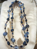Collier vintage perles bleues et mauves, grosses pierres naturelles, bijou rétro