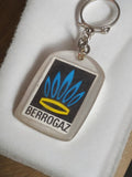 Porte-clés ancien BERROGAZ publicitaire rétro, logo bleu jaune vintage années pu