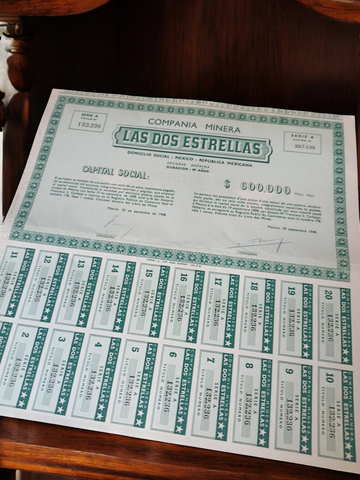 Action ancienne Compañia Minera Las Dos Estrellas Mexique 1948 vintage papier