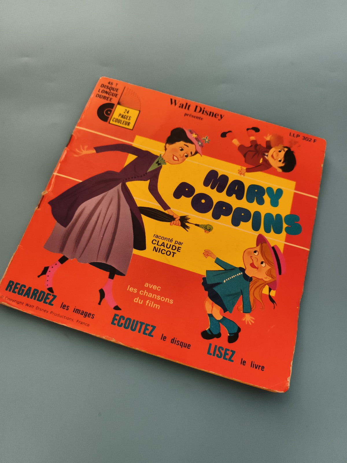 Disque vinyle 45T Mary Poppins Walt Disney, livre disque, Claude Nicot, LLP 302