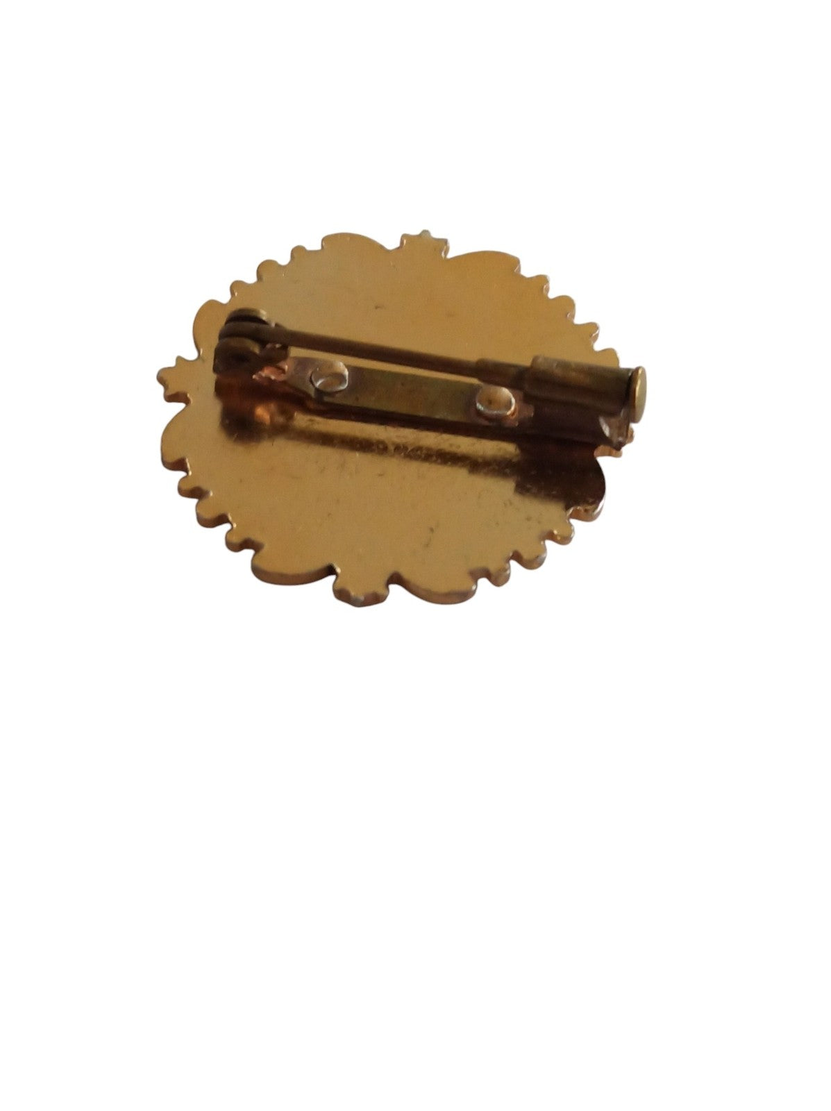 Broche vintage ronde années 70 dorée, motif mandala noir, métal doré