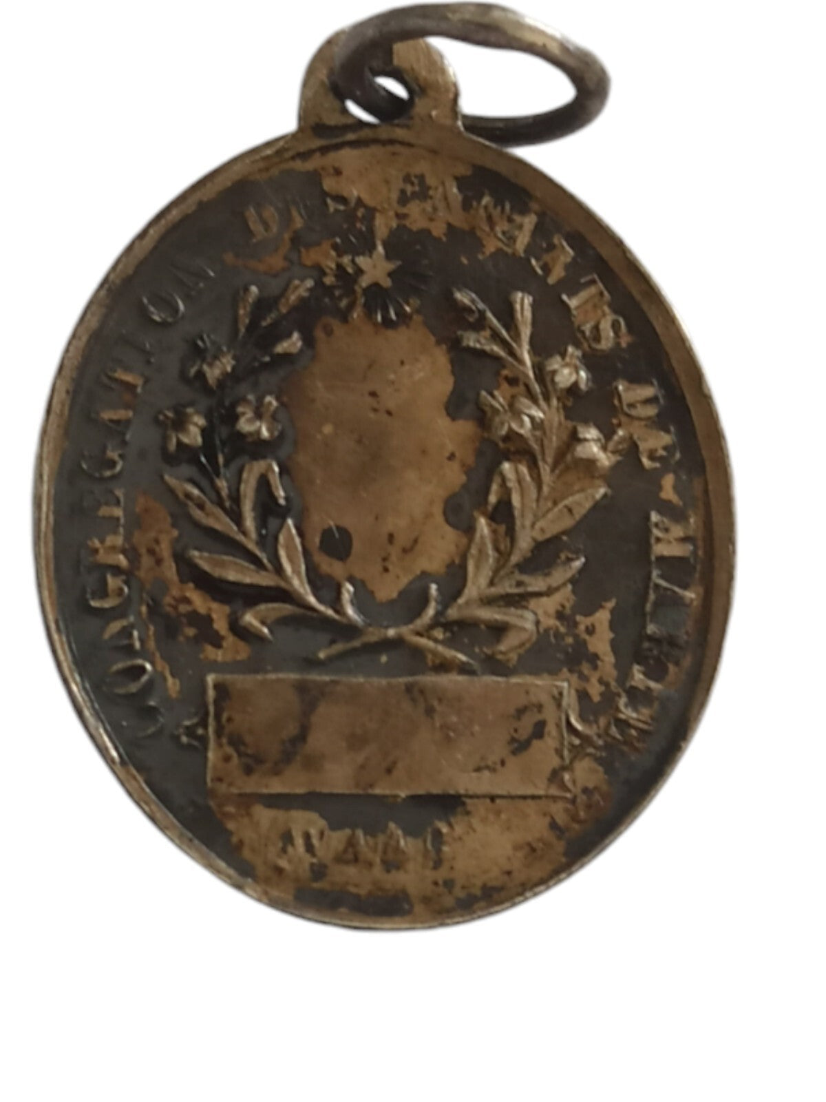 Pendentif religieux Vierge Marie médaillon ovale patiné, médaille chrétienne anc