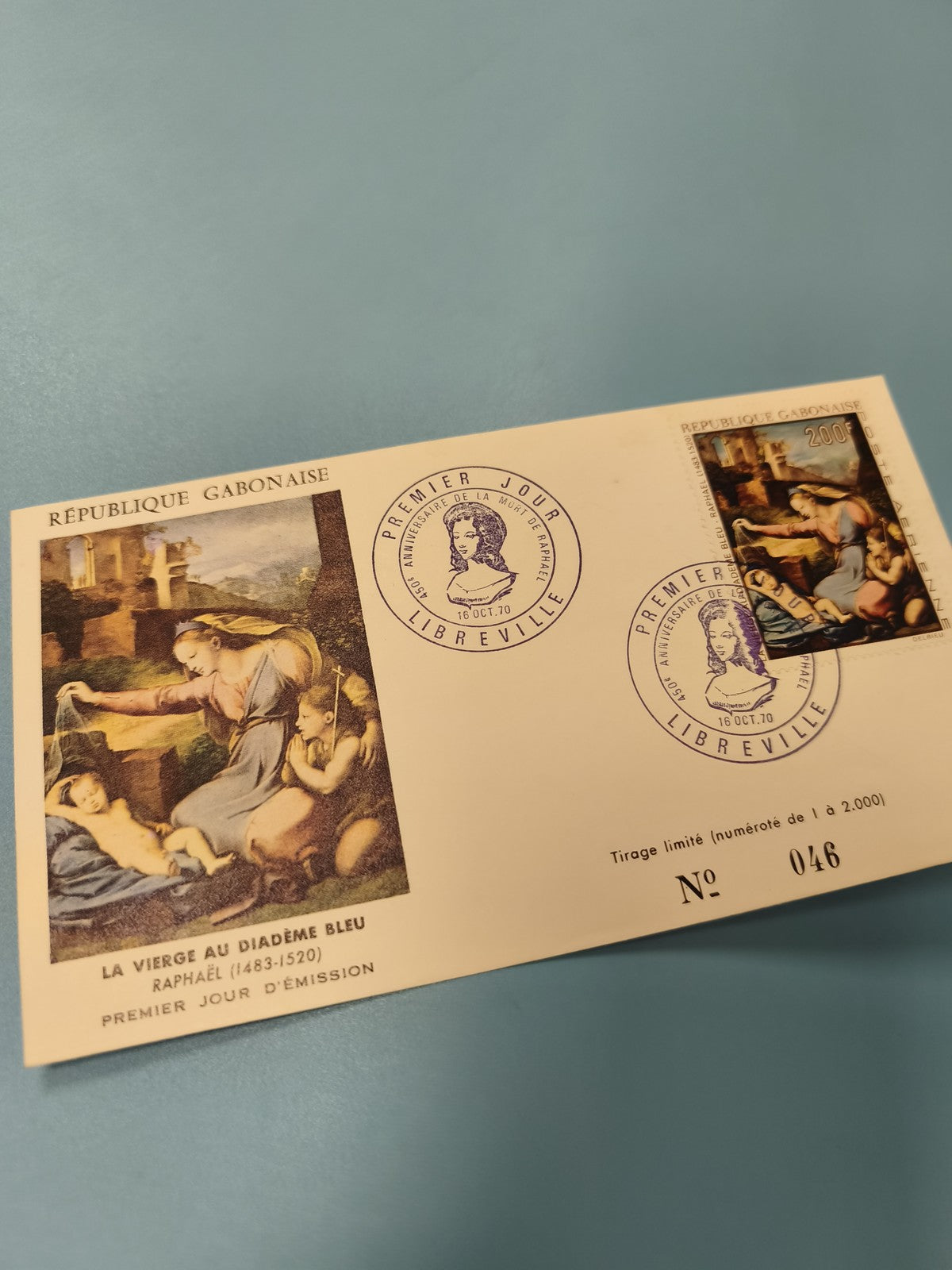 Enveloppe FDC Gabon 1970 La Vierge au Diadème Bleu timbre 200F numérotée