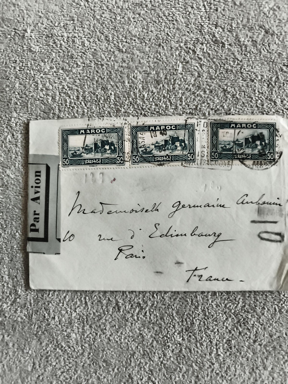 Lettre affranchie Maroc 3 timbres 50c Par Avion Paris Philatélie France