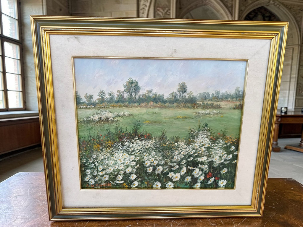 Grand tableau vintage paysage fleuri marguerites signé André Le Mignon ancien ra