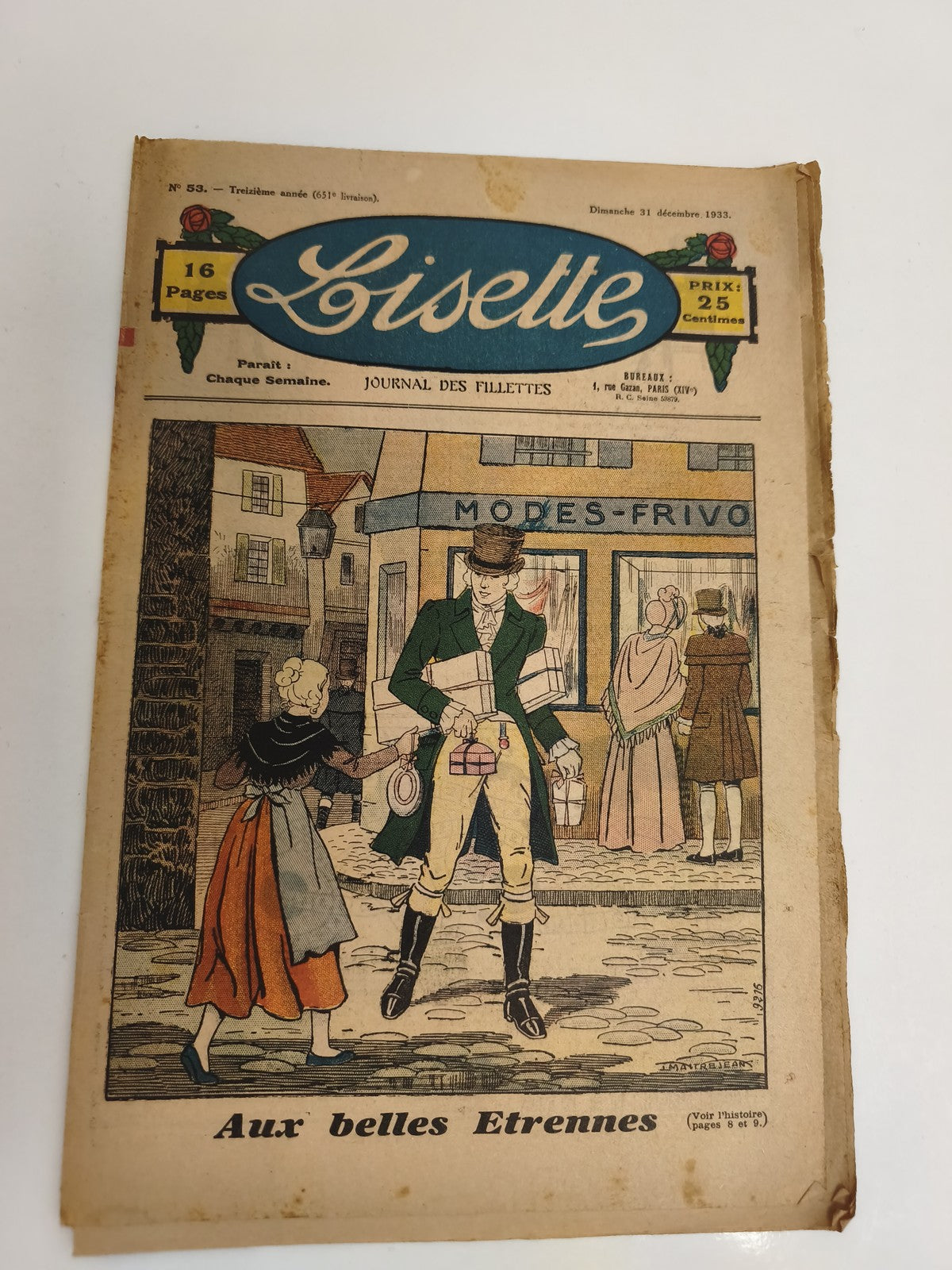 Ancien journal Lisette 1933, 16 pages, couverture illustrée, vintage fillettes