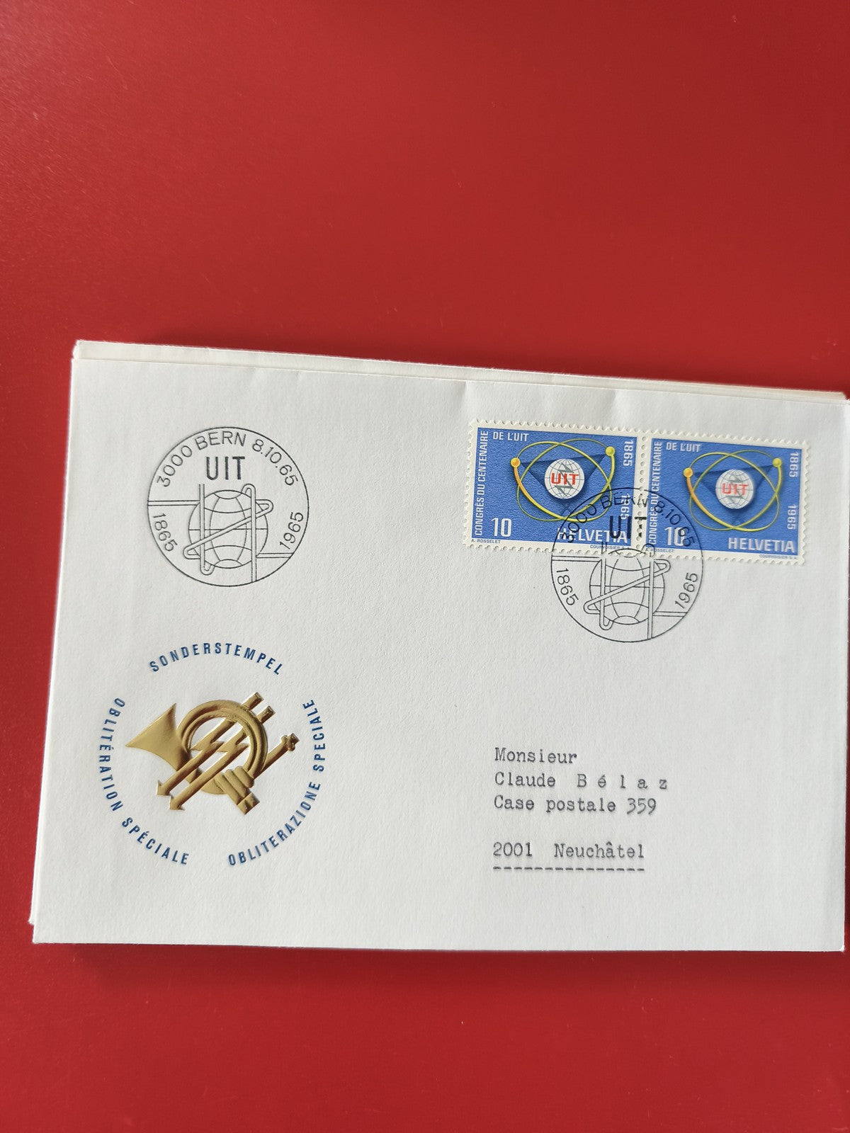 Enveloppe philatélie Suisse UIT 1965 timbres oblitérés bleu Bern Neuchâtel