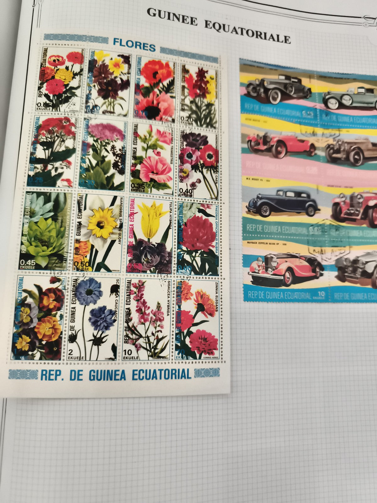 Timbres Guinée Équatoriale fleurs & voitures, série thématique, philatélie