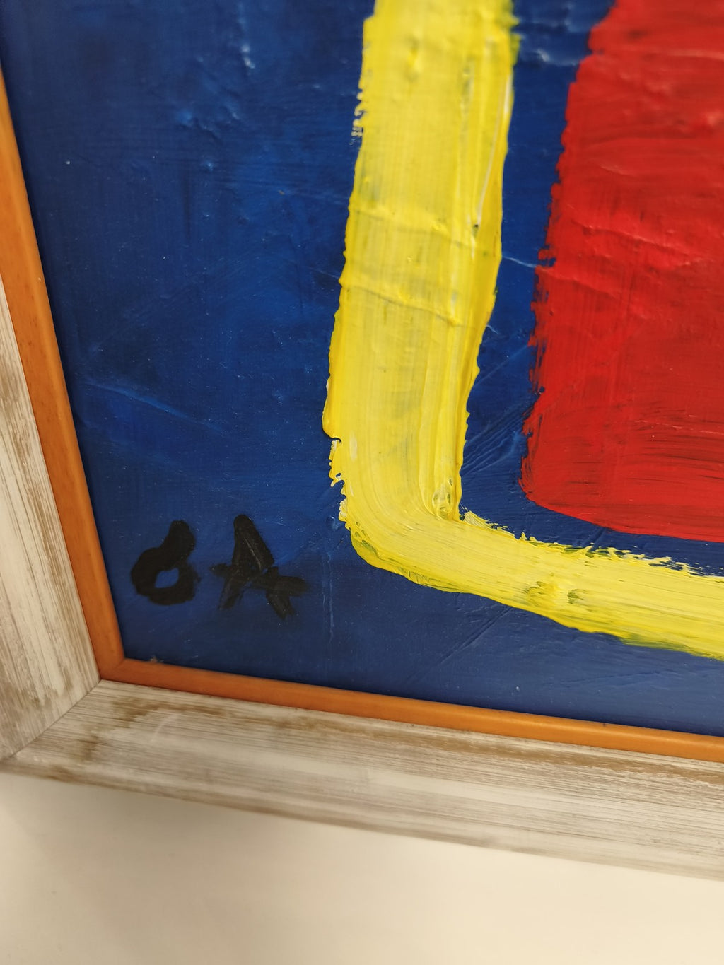 Tableau abstrait ancien signé OA peinture bleu rouge jaune encadré vintage