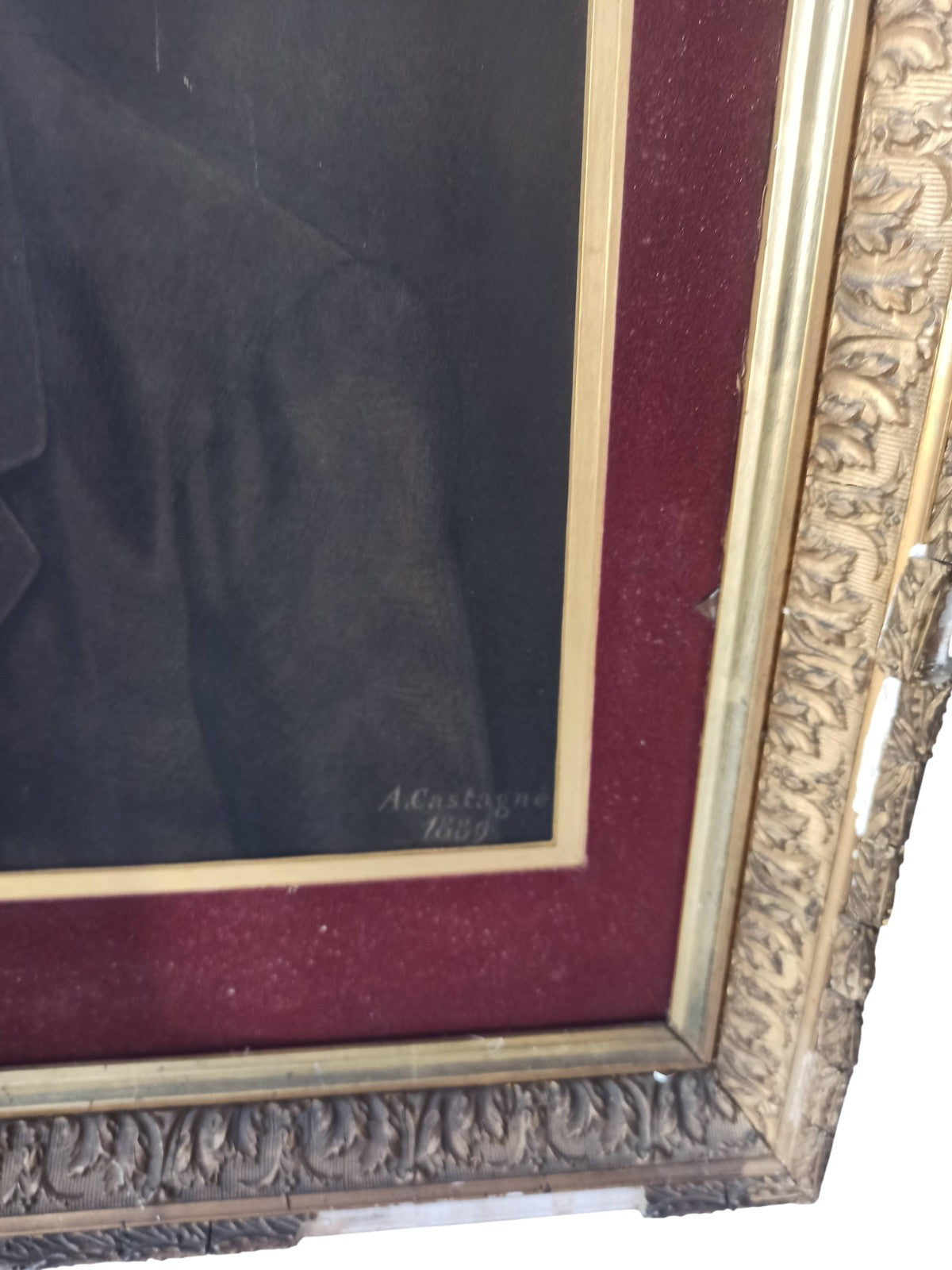Portrait ancien fusain signé A. Castagné 1889 encadré, dessin XIXe, tableau vint