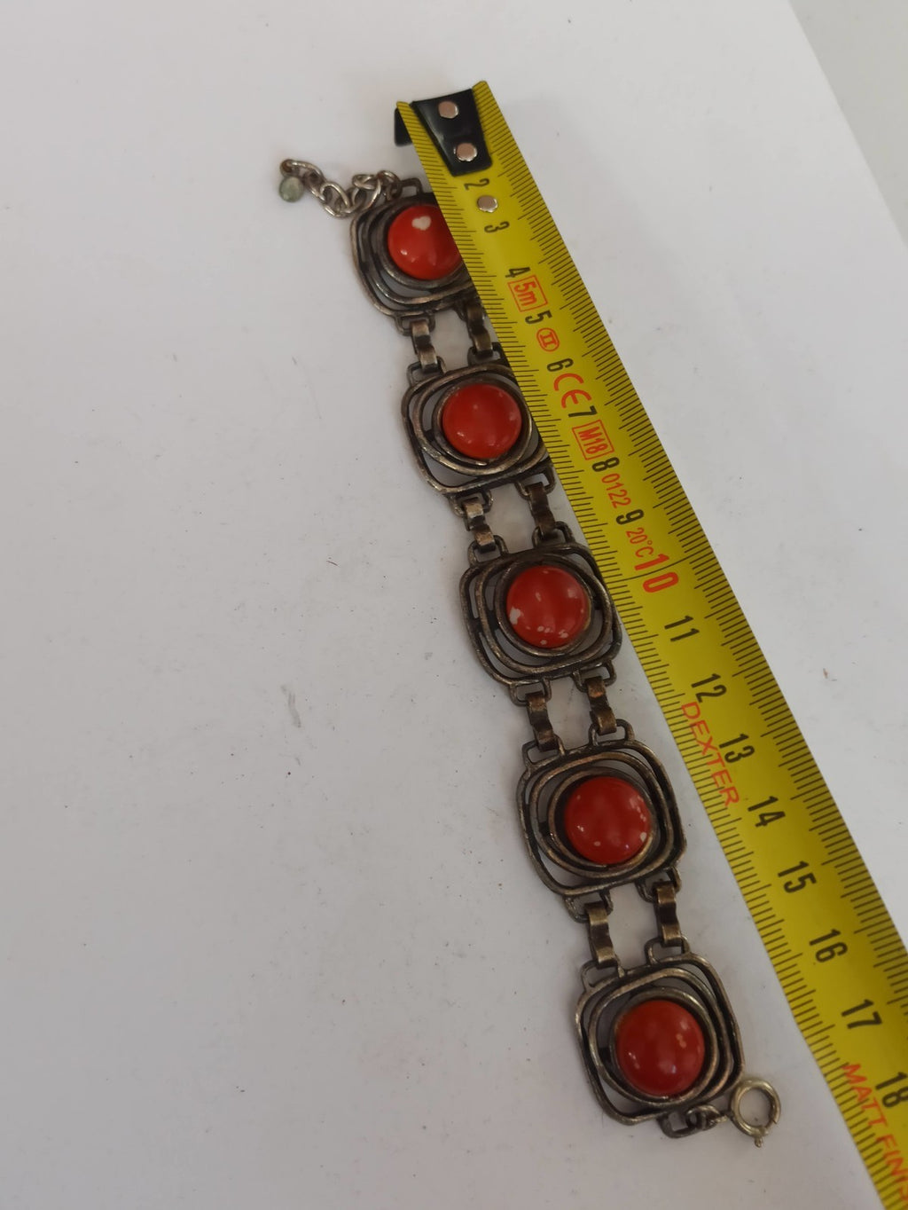 Bracelet vintage rétro orange, finition argentée, design géométrique années 70