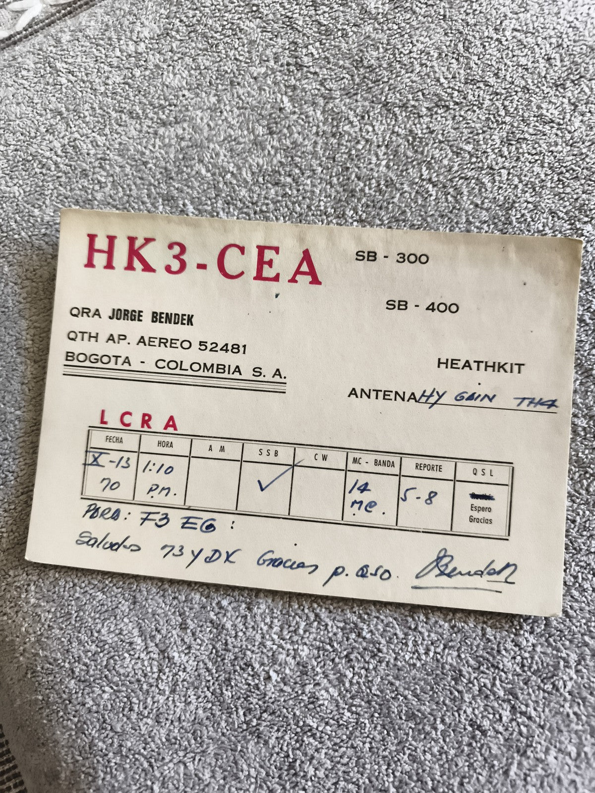 Carte QSL radioamateur HK3-CEA Colombie ancienne, Heathkit, Bogota, vintage