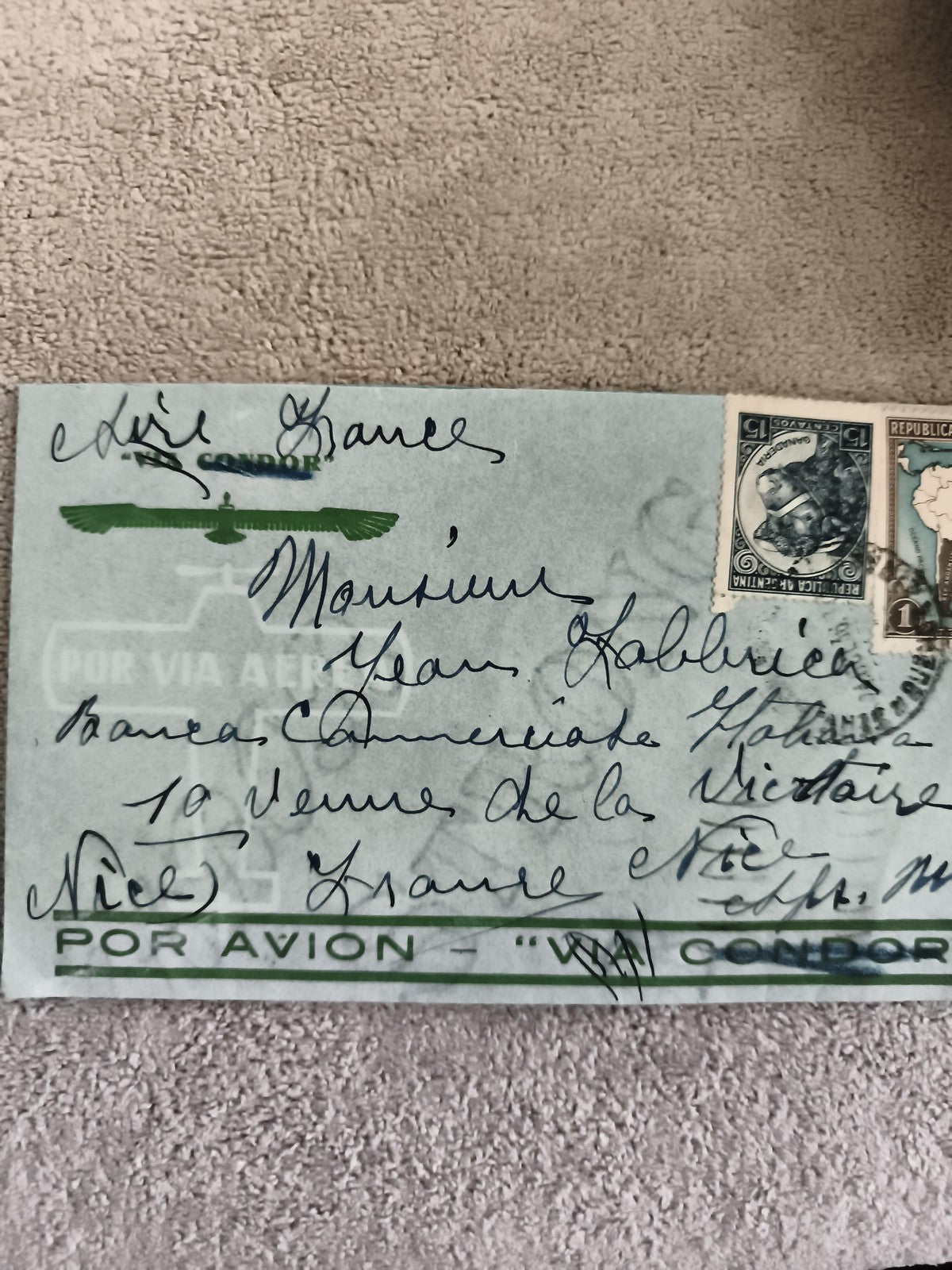 Lettre avion Condor Argentine France timbres République Argentine Nice philatéli