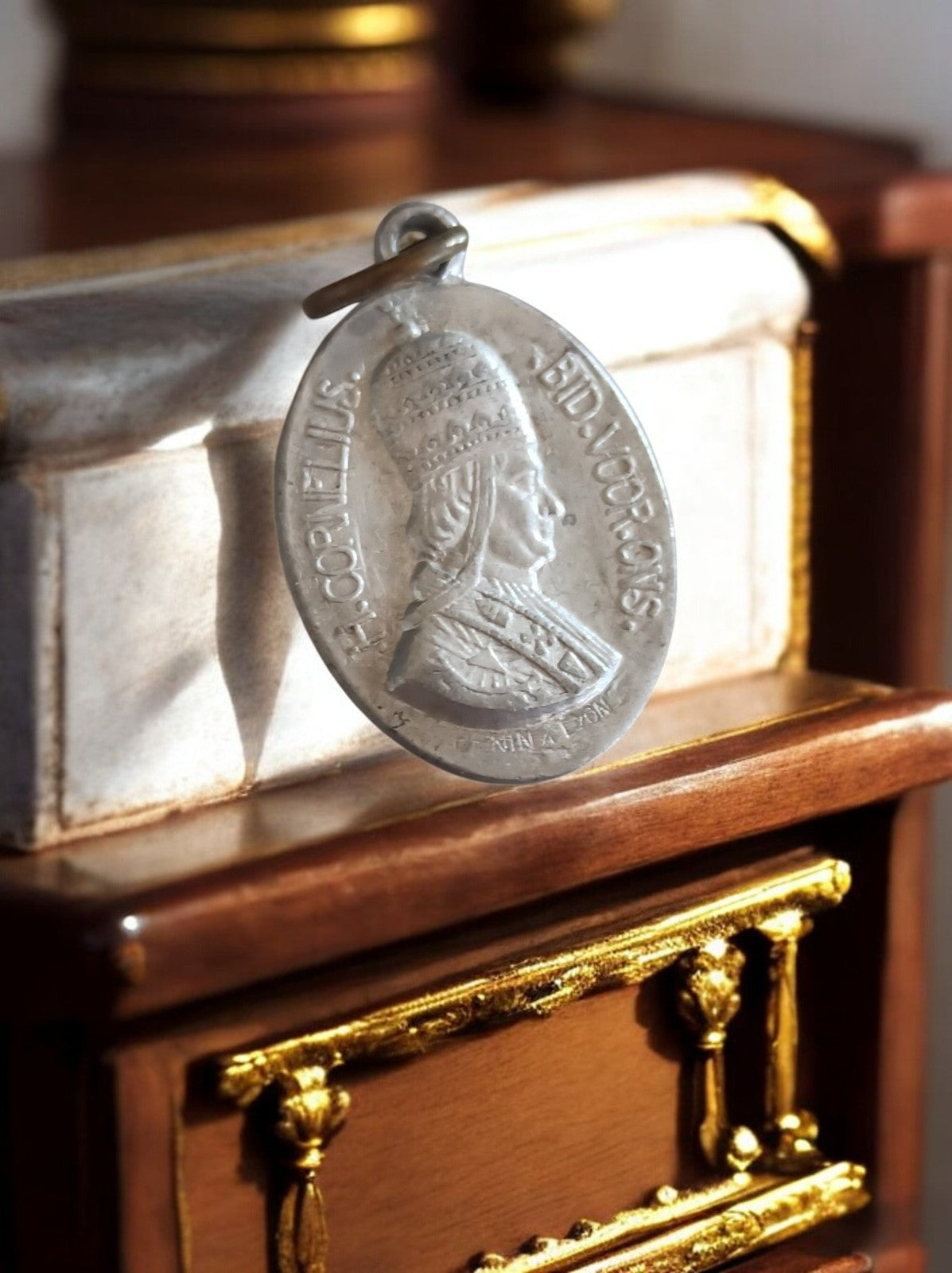 Vintage Catholic religious ancient metal pendant, Pope Cornelius medallion