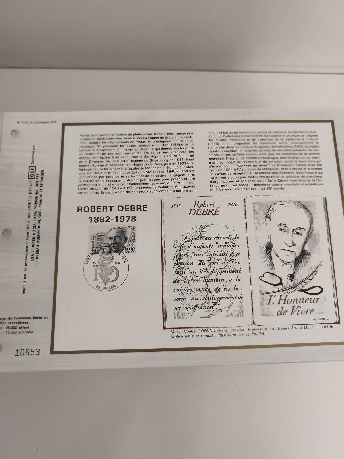Feuillet CEF Robert Debré 1882-1978 philatélie oblitéré illustré France