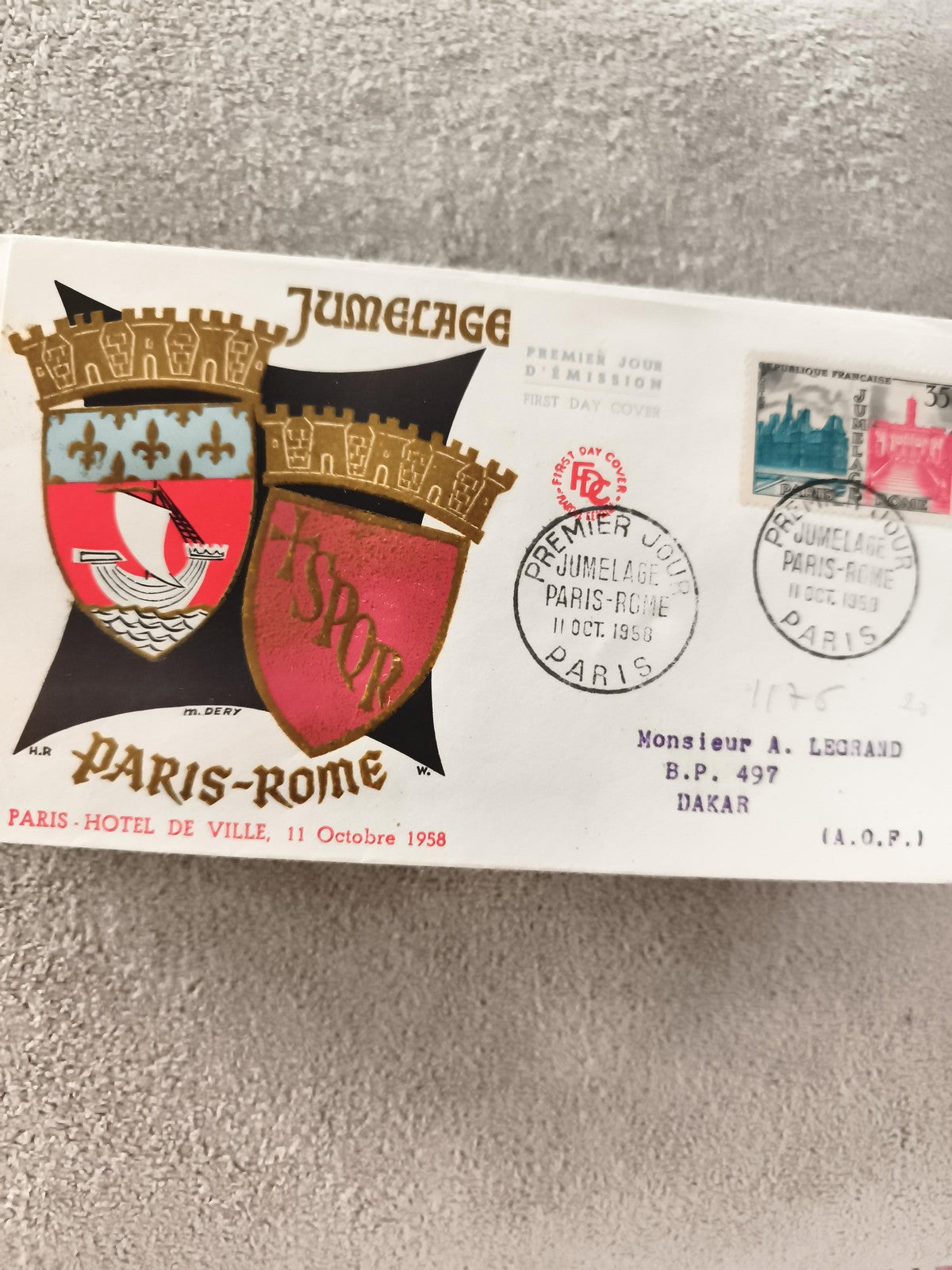 Lettre Premier Jour Jumelage Paris Rome 1958 cachet FDC philatélie ancien