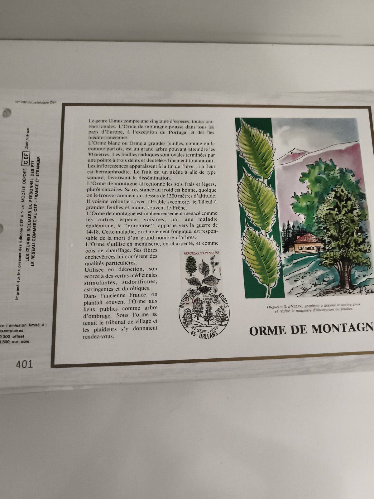 Feuillet CEF philatélie Orme de montagne illustré France botanique