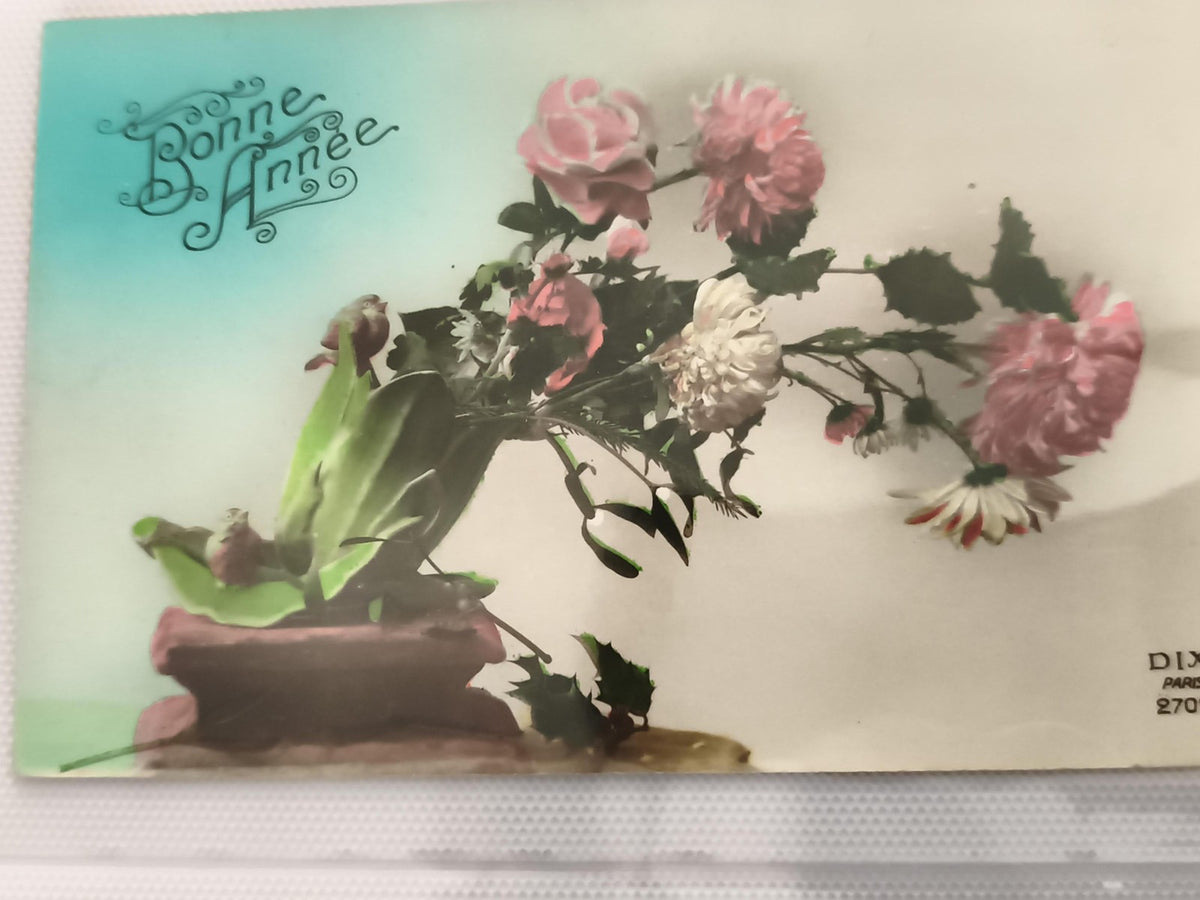 Carte postale ancienne Bonne Année fleurs colorisées vintage CPA
