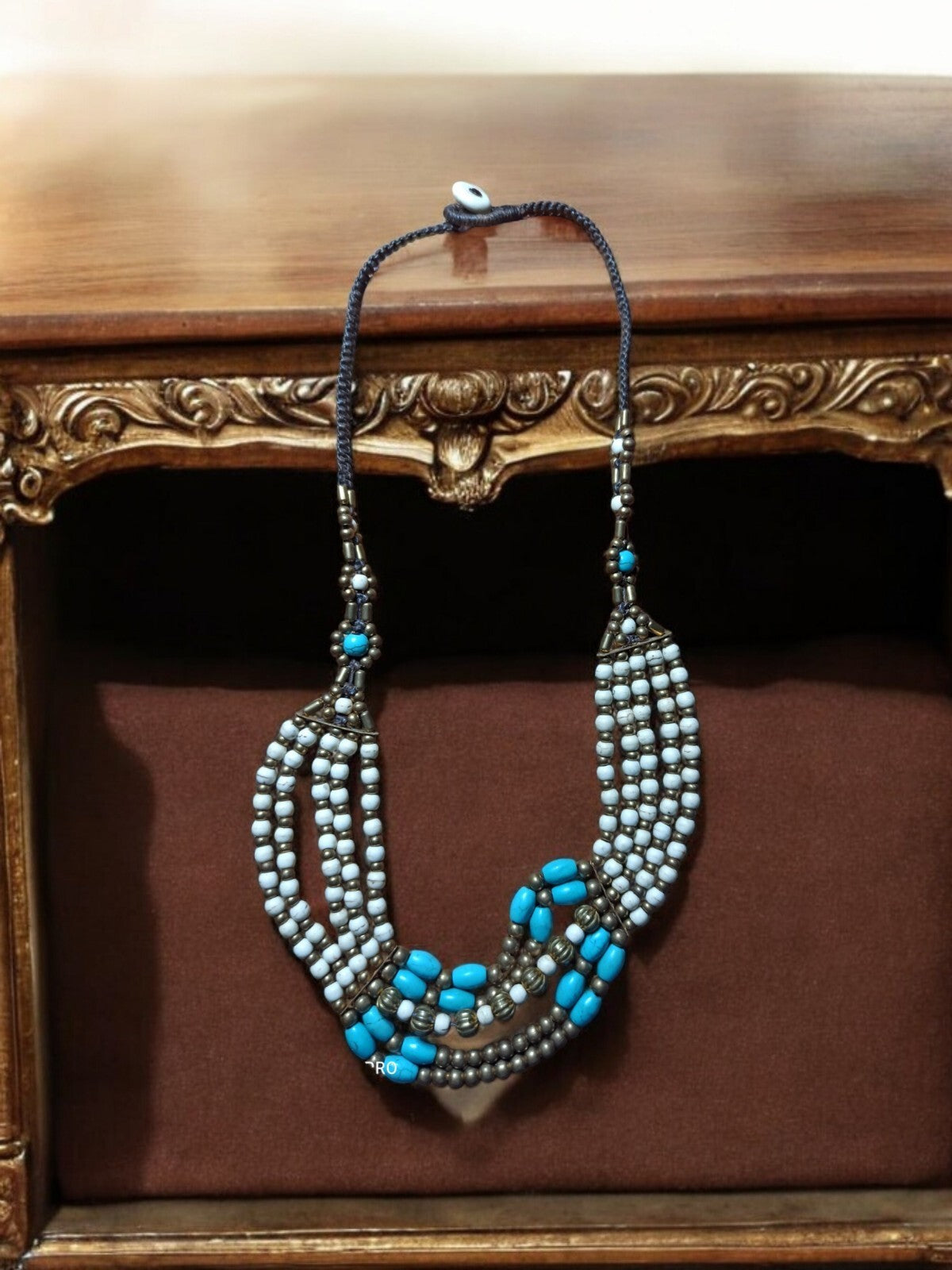 Collier vintage turc perles turquoise et naturelles multirangs ethnique femme
