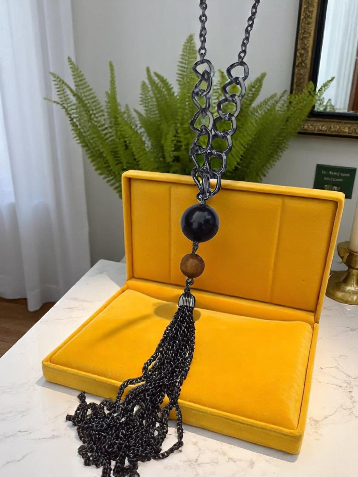 Collier vintage gros maillons noirs pendentif boule chaîne pampilles fantaisie