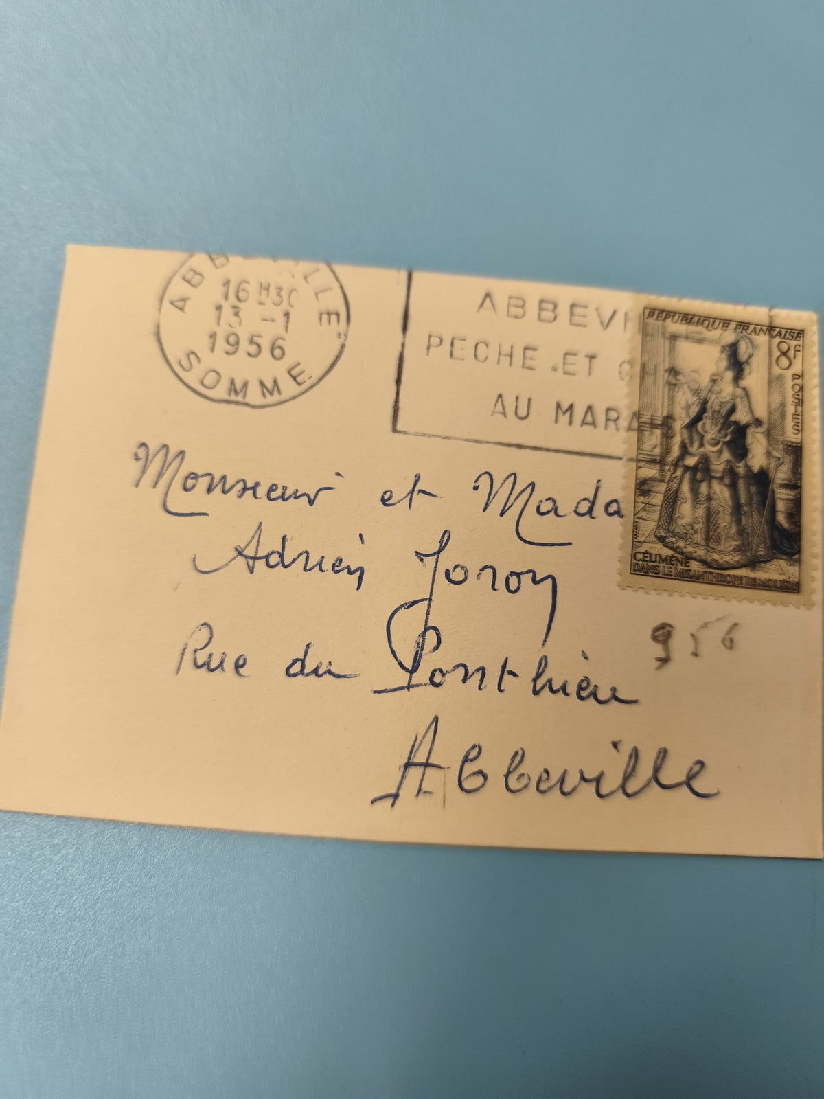 Ancienne enveloppe oblitérée 1956 Abbeville philatélie timbre France (Ref 8)