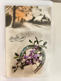Carte postale ancienne Bonne Année fer à cheval fleurs violette hiver CPA
