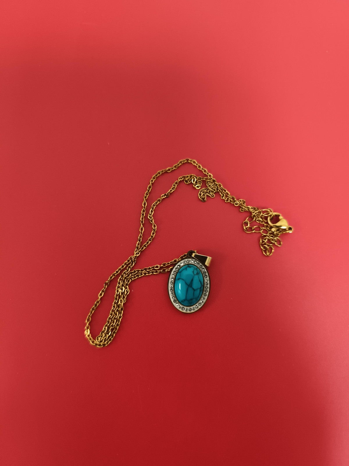 Collier vintage pendentif chaîne dorée cabochon turquoise deadstock