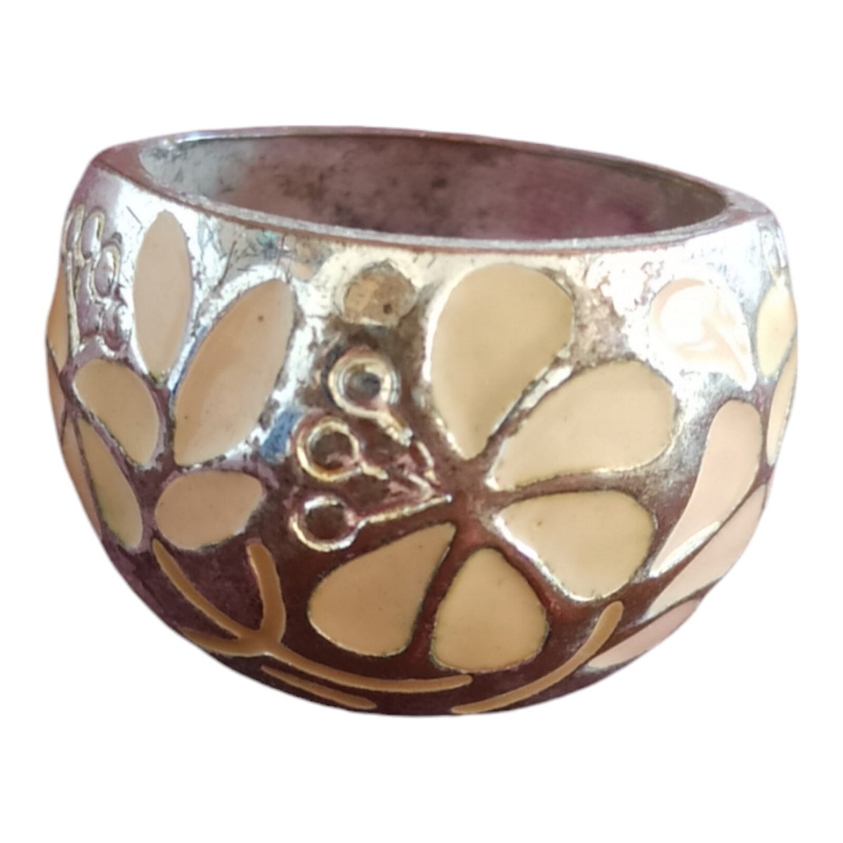 Vintage silver-plated costume ring with retro floral motif, size 56 for women