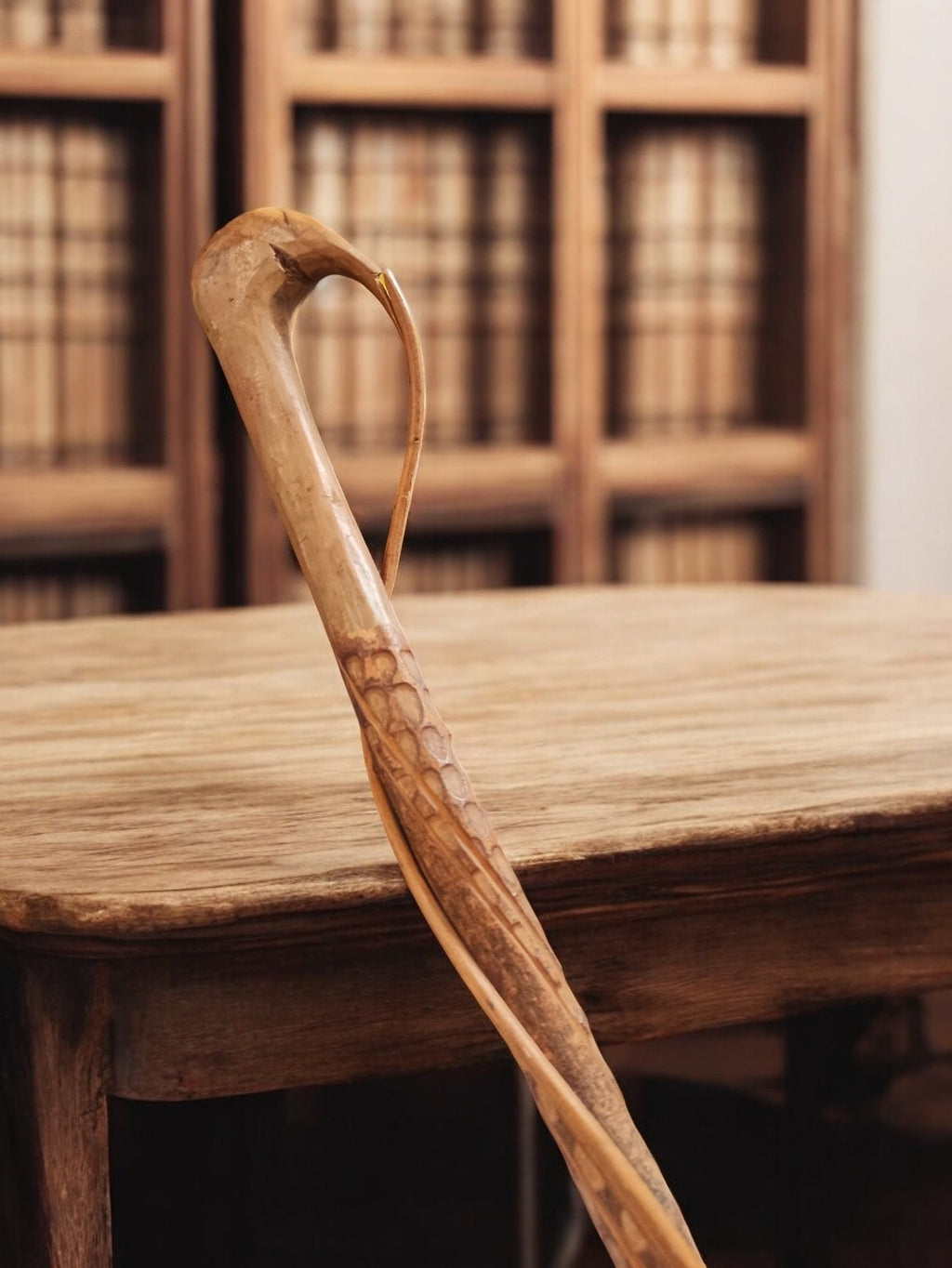 Canne de montagne ancienne sculptée bois, vintage bâton marche rétro déco