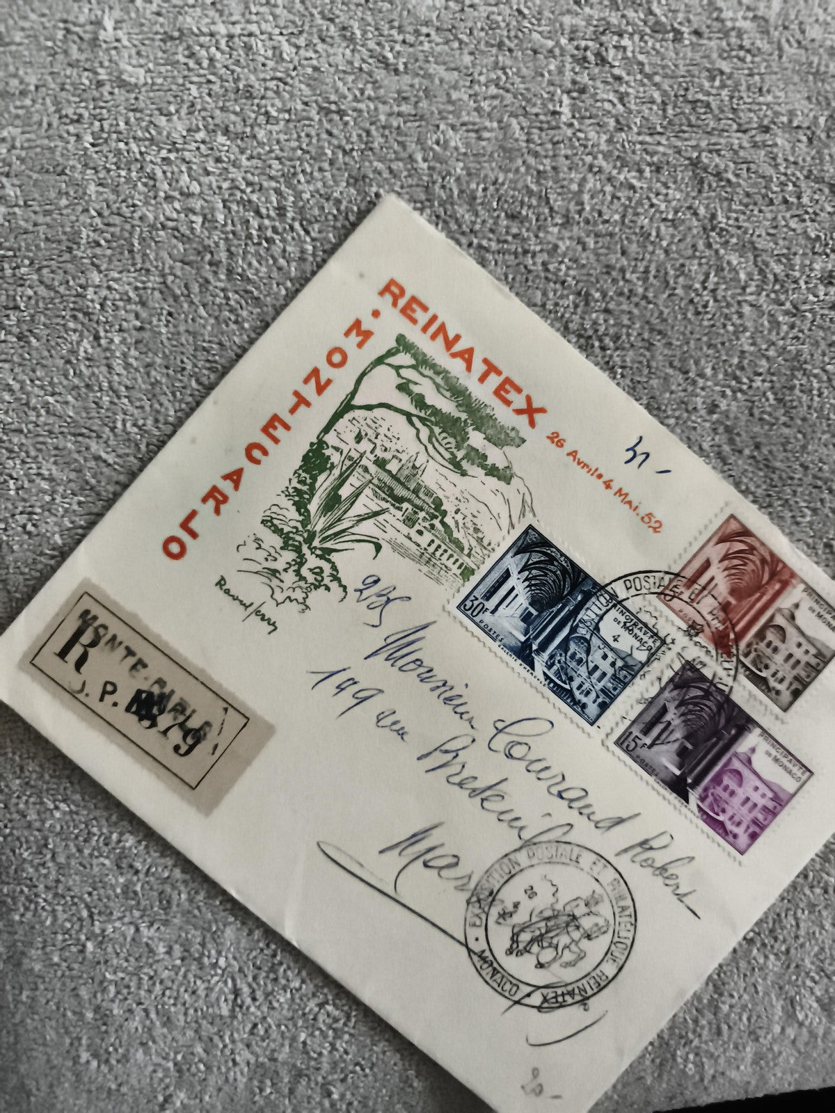 Lettre philatélique Monaco Reinatex 1952 affranchissement Expo timbres