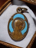 Médaille Vierge Marie émail bleu ancien, pendentif religieux vintage
