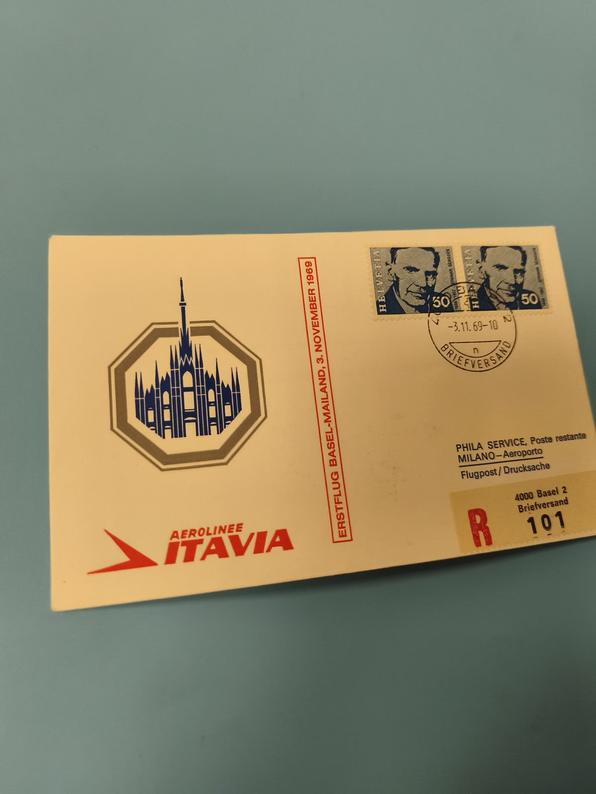 Enveloppe premier jour d?émission FDC Aerolinee Itavia, timbres Helvetia, 1969