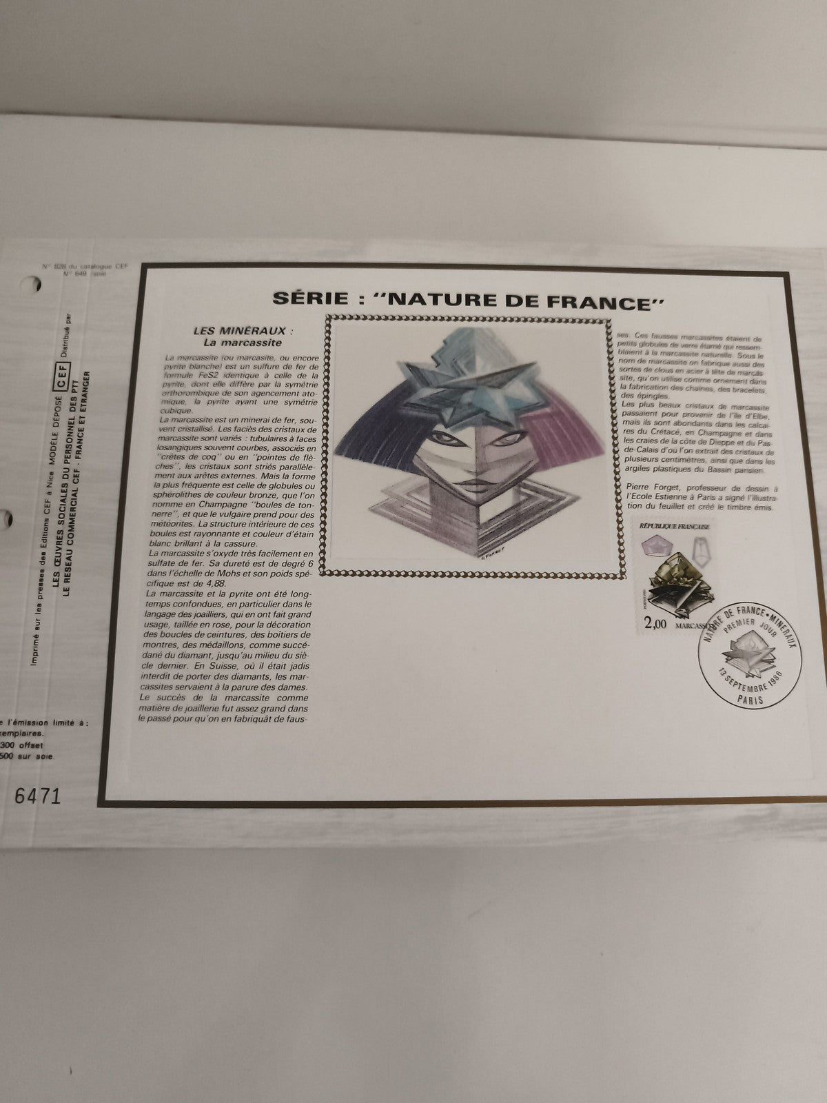 Feuillet philatélique CEF Nature de France marcassite timbre 2,00 F minéraux