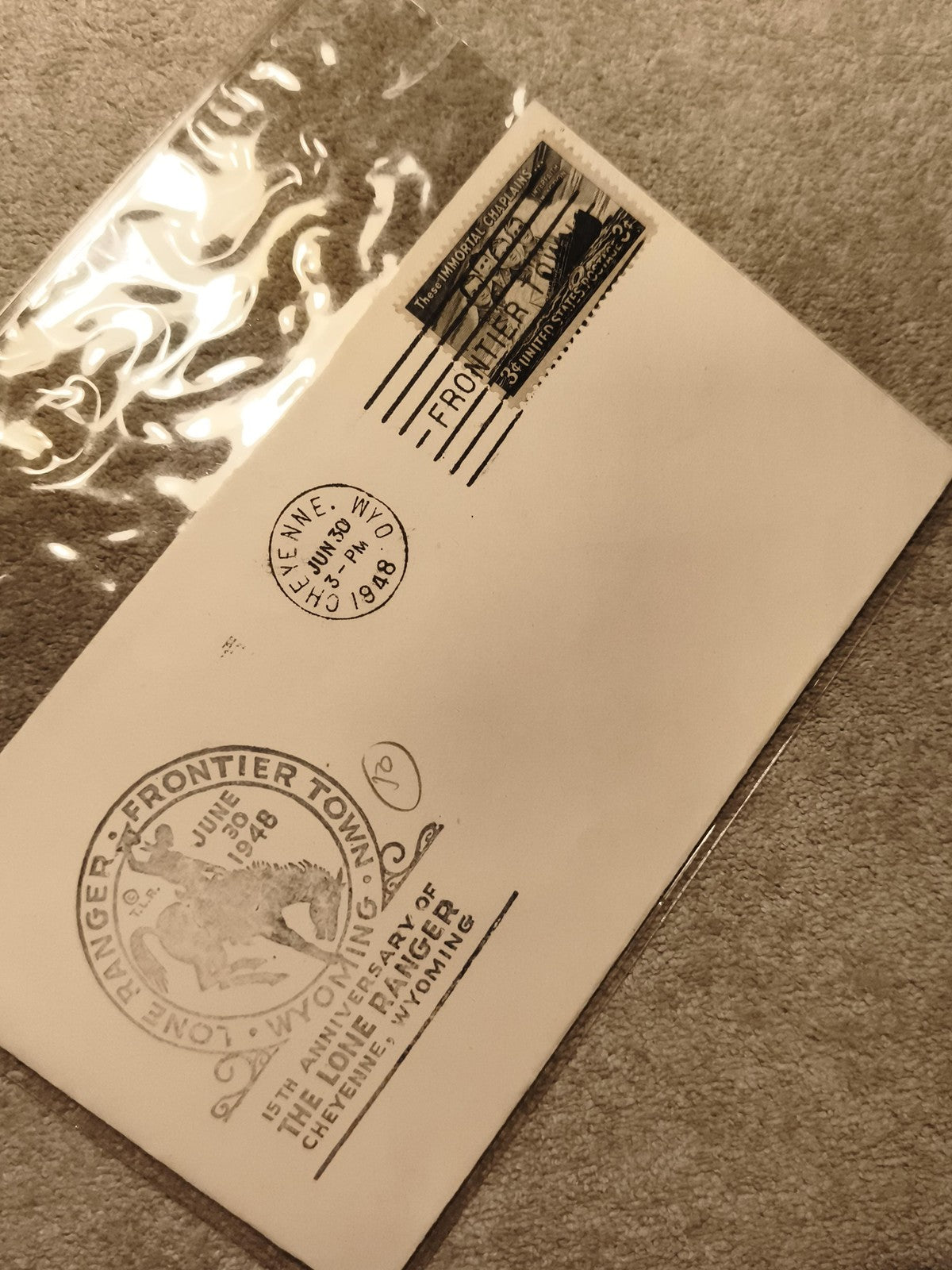 Lettre premier jour 1948 Cheyenne Frontier Town cachet Lone Ranger philatélie (R