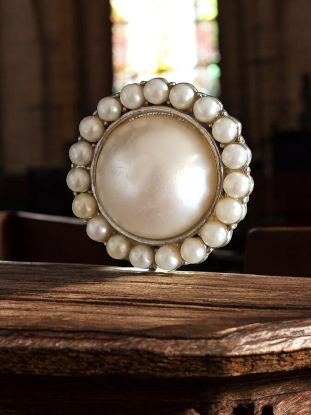 Bague vintage ronde perles aspect nacré créateur rétro chic taille 54