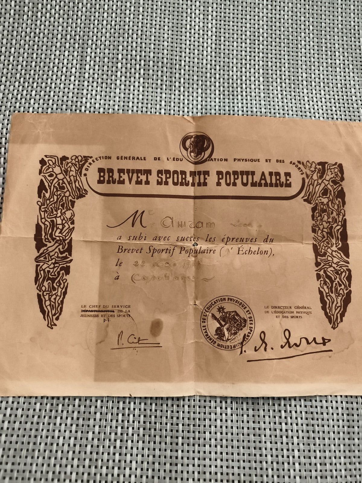 Ancien diplôme Brevet Sportif Populaire années 1940 vintage certificat sport