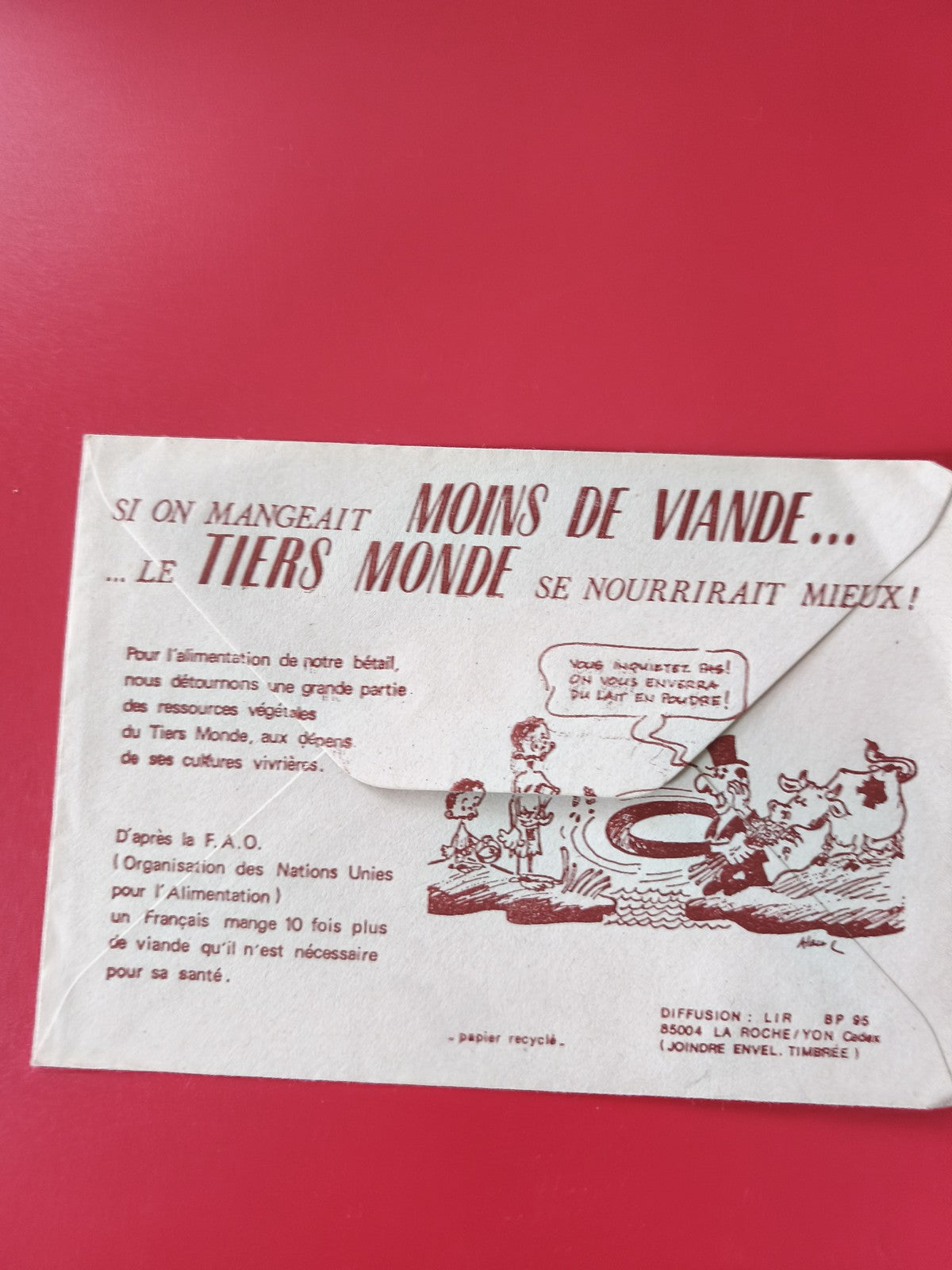 Enveloppe philatélie message Moins de viande tiers monde papier recyclé illustra