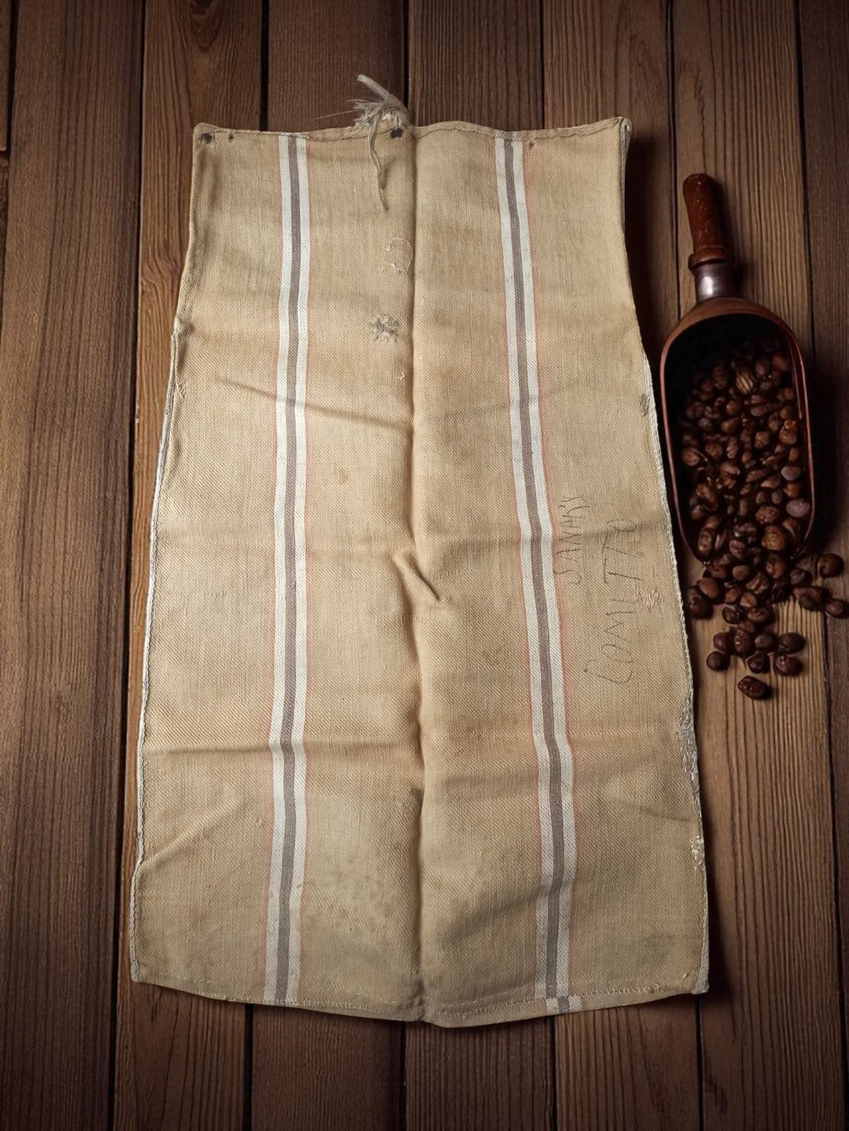 Sac ancien toile de jute rayé, déco vintage rétro, usure authentique
