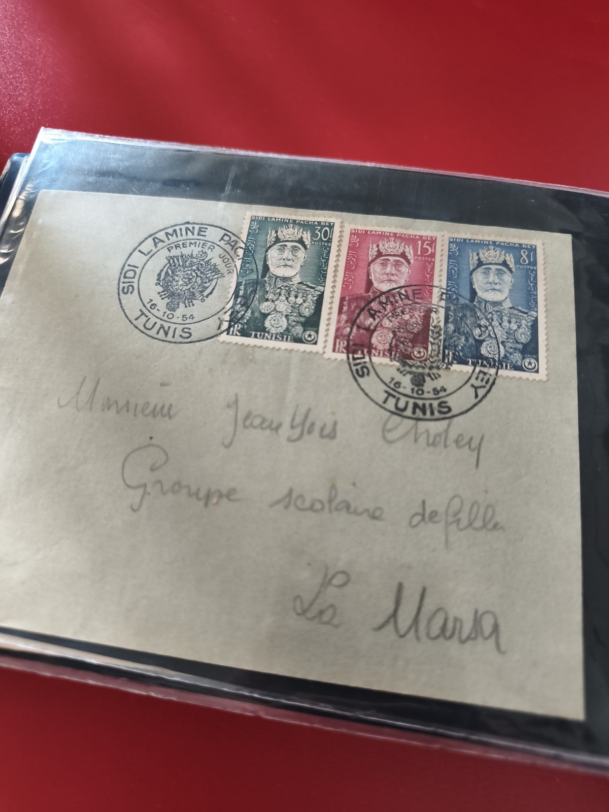 Ancienne enveloppe oblitérée Sidi Lamine Pacha Bey Tunis 1954 pour philatéliste