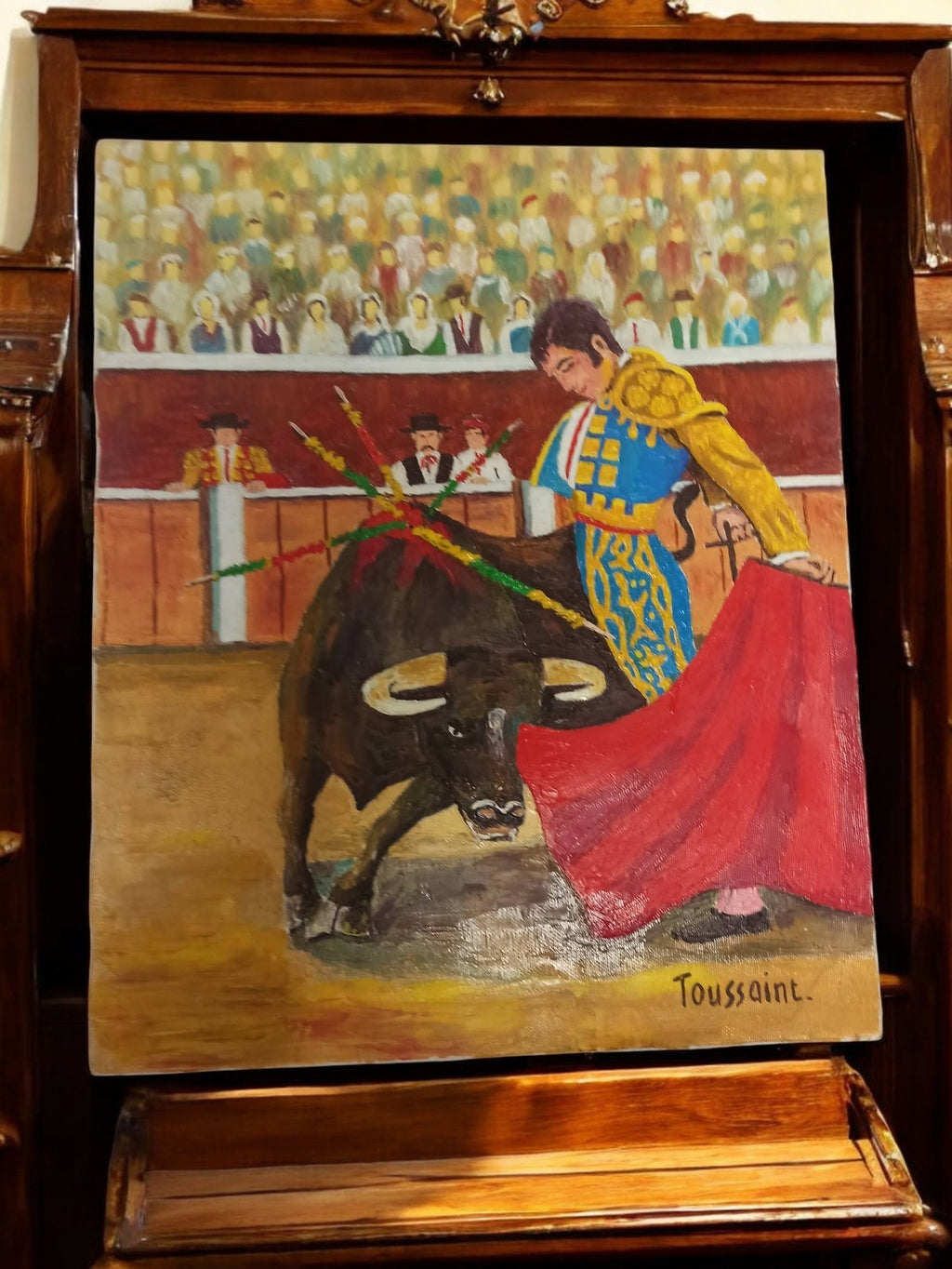 Peinture ancienne Toussaint scène tauromachie vintage, matador, huile signée