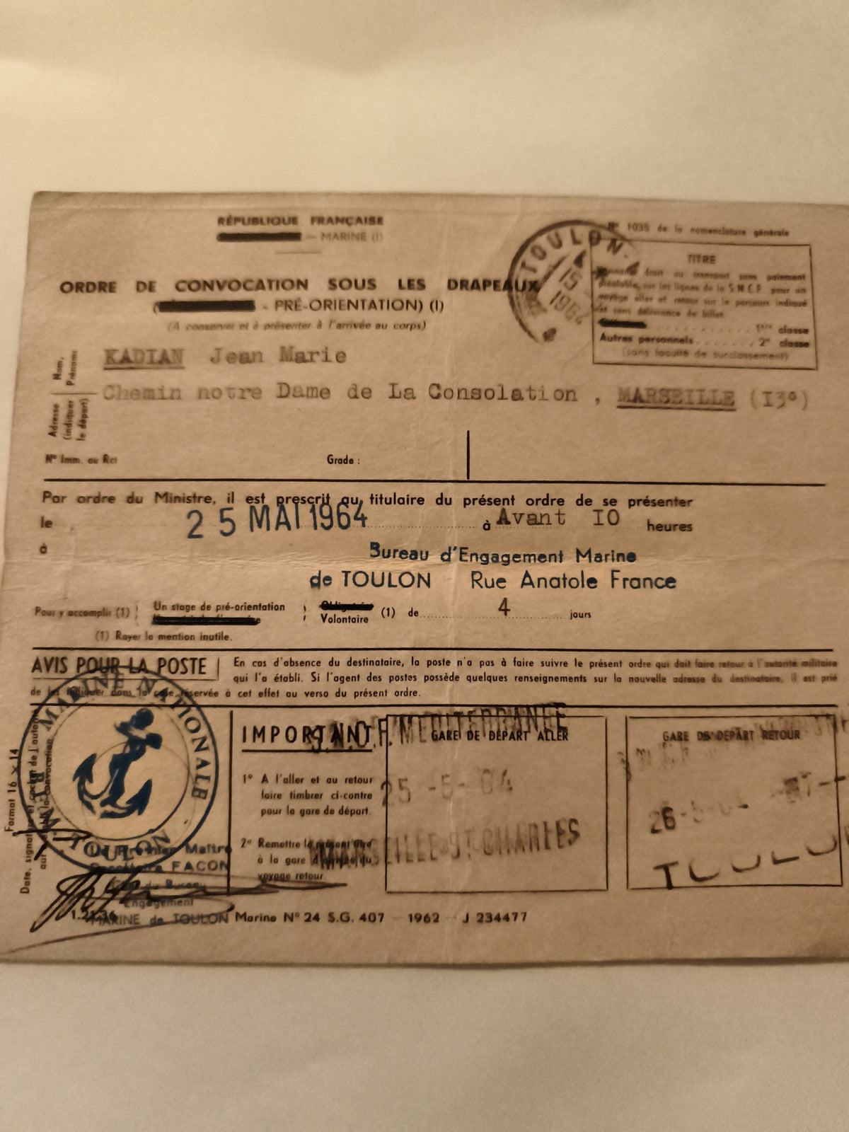 Ordre de convocation Marine nationale 1964 Toulon Marseille ancien document