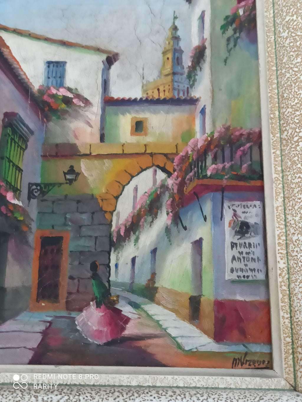 Tableau peinture scène de rue andalouse cadre doré 35x27cm Espagne mural