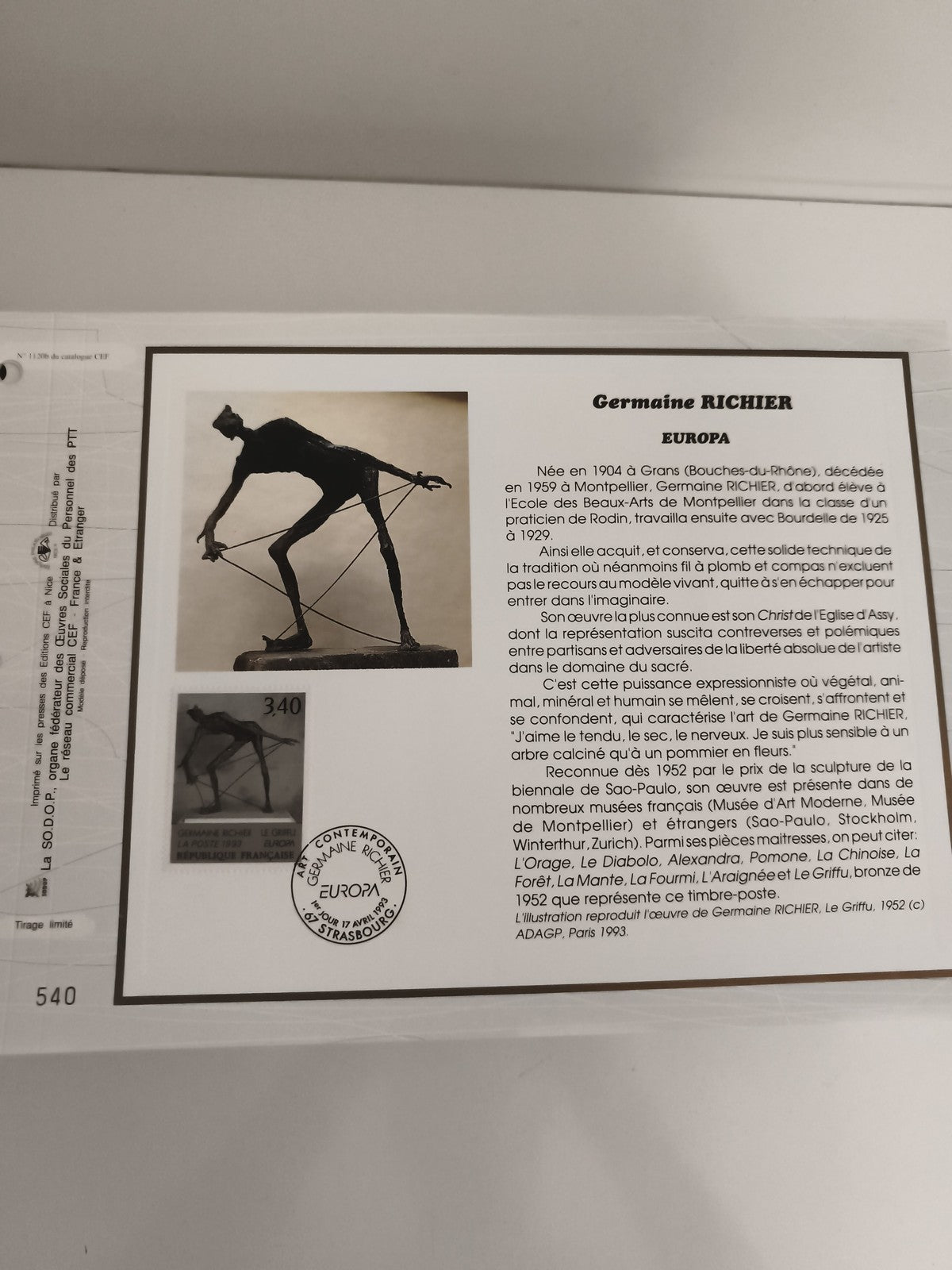 Feuillet CEF philatélie Germaine Richier Europa Le Griffu 340 Strasbourg