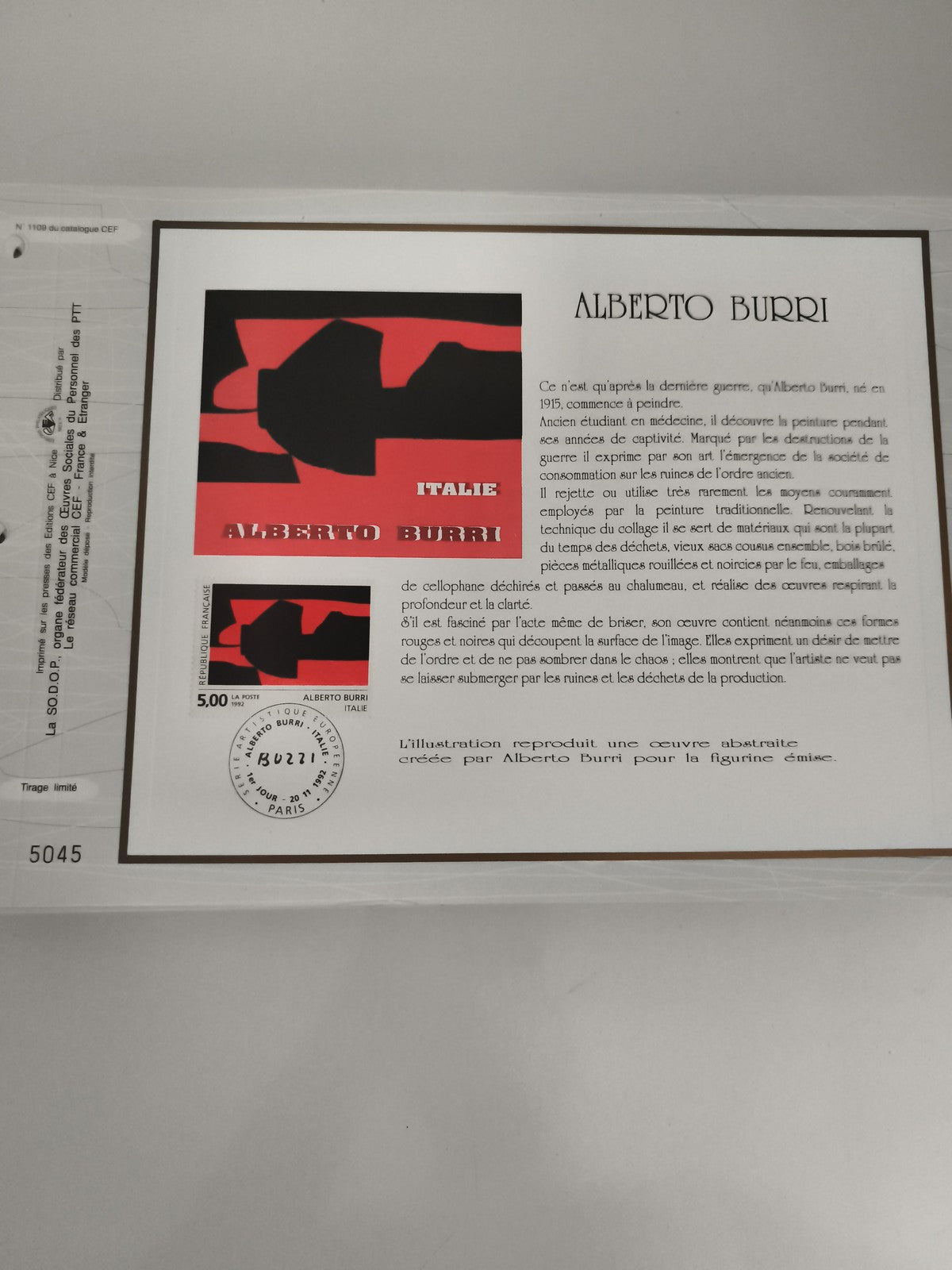 Feuillet philatélique CEF Alberto Burri Italie timbre 5.00 FR figurine émise