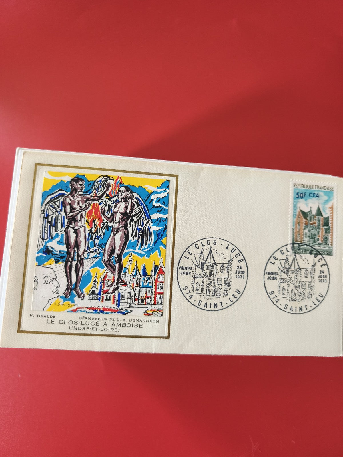 Enveloppe philatélie Le Clos Lucé Amboise illustration colorée cachet 1973