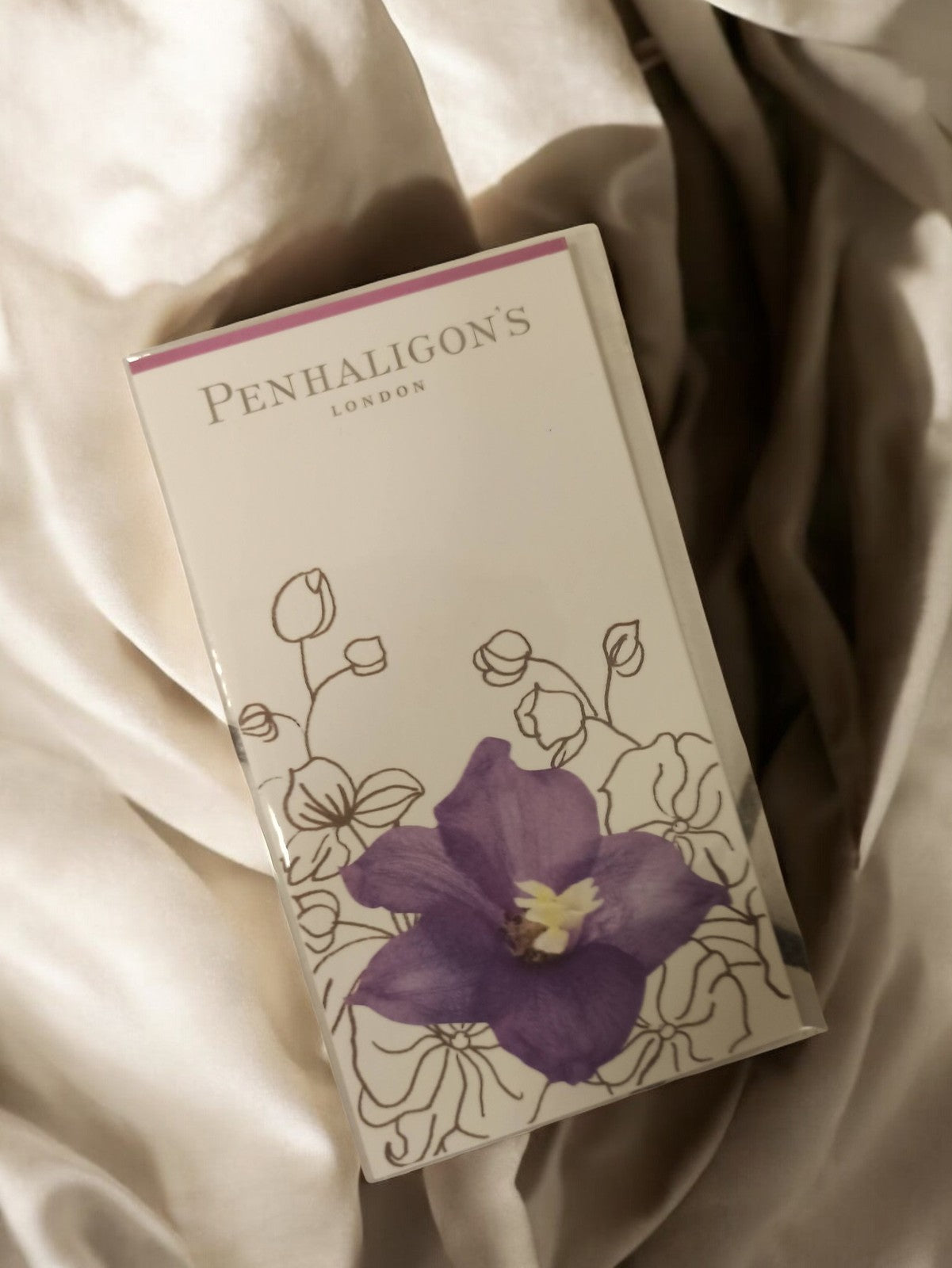 Carte publicitaire Penhaligon's parfum vintage, fleur violette, objet ancien